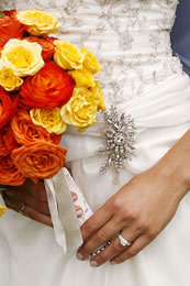 Bridal dress, flowers, and jewlery