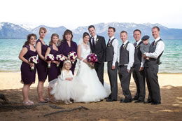 Wedding party poses by Lake Tahoe