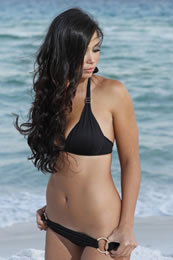 Black hair black bikini model on Destin beach