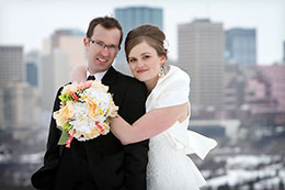 Bride and Groom with the Edmonton skyline in the background