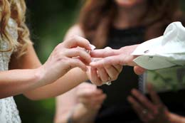 Bride slides on Grooms wedding ring