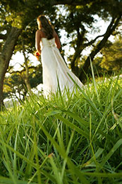 Worms eye view of Bride in the grass