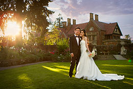 Georgous sunset wedding couple at Thornewood Castle
