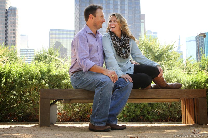 Engaged couple at Klyde Warren Park in Downtown Dallas, Texas