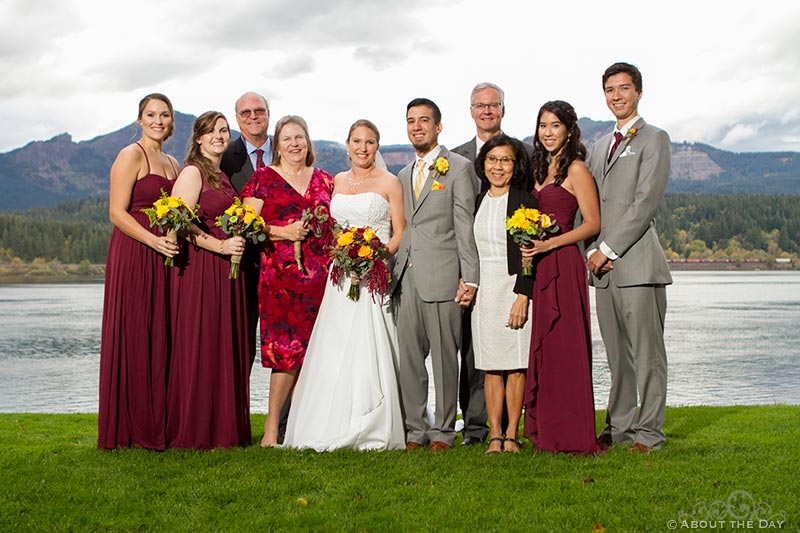 Bride and Grooms full family at Sternwheeler Columbia Gorge & Marine Park