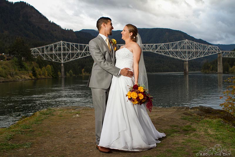 Dramatic sky over Bride and Groom and Brideg of the Gods at Sternwheeler Columbia Gorge & Marine Park