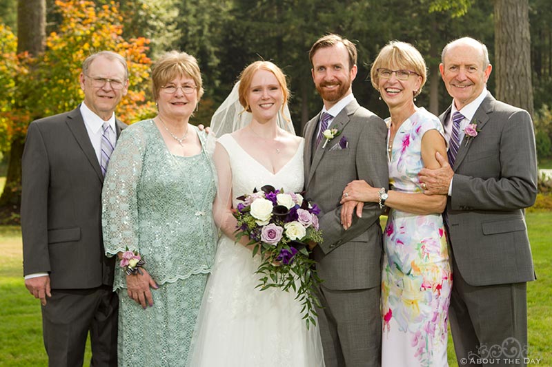 Bride and Groom with their parents at Natures Connection in Arlington, Washington