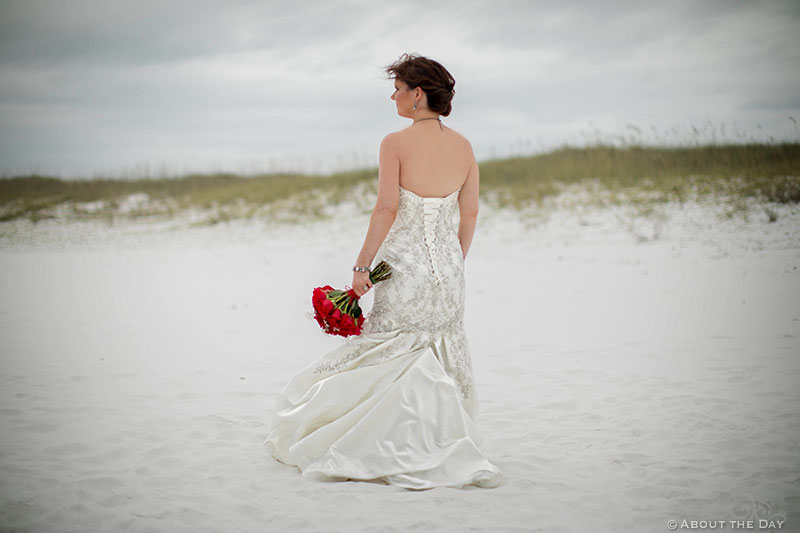 Beautiful Bride with red rose boquet looks on in Destin, Fl
