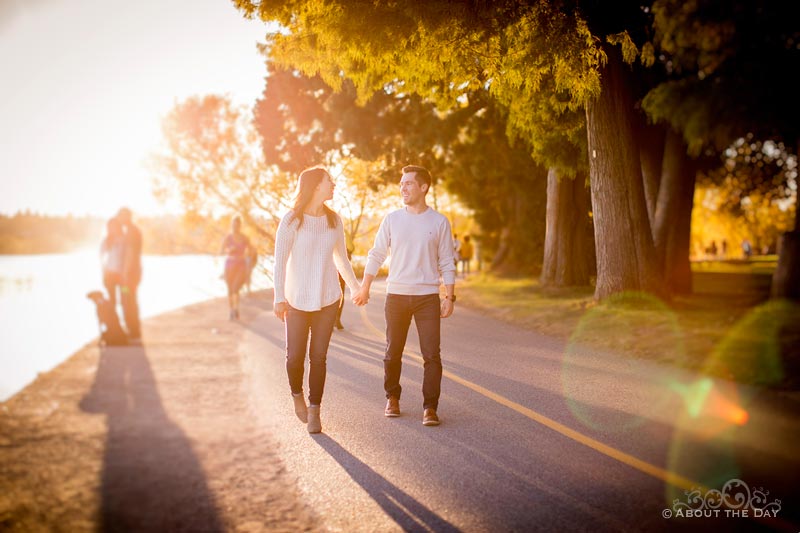 Craig and Victoria walk along the lake side in Green Lake