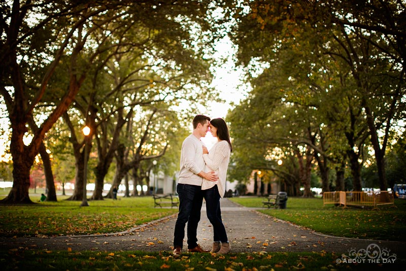 Engaged couple kisses in the trees at Green Lake