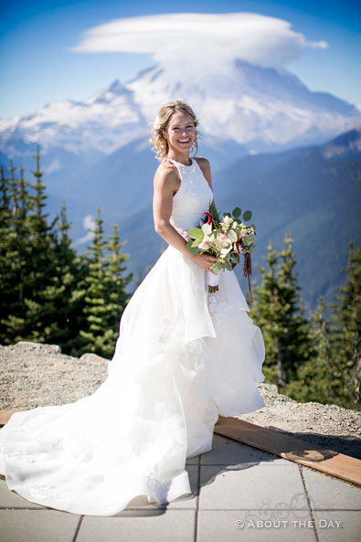 The gorgeous bride poses with Mt. Ranier in the background