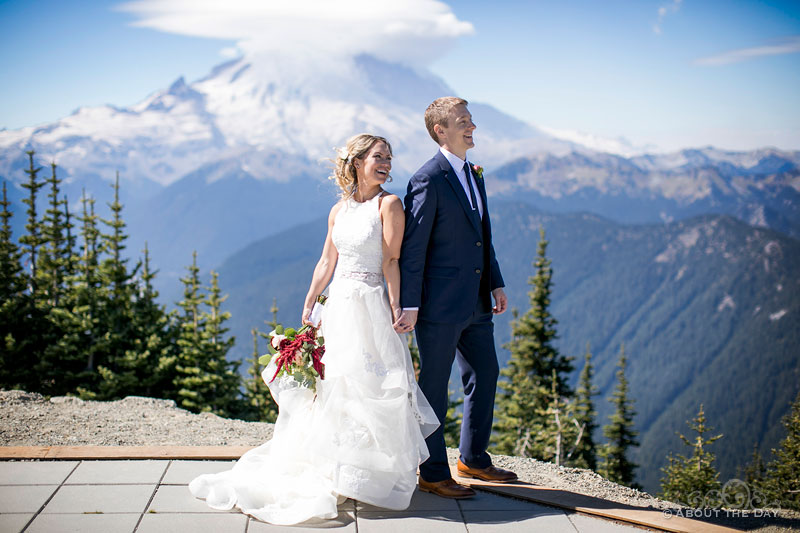 Andrew and Alex have a cute moment with Mt. Rainer in the background