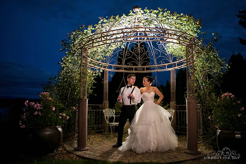 Bride and Groom with drama lighting at Green Gates at Flowing Lake
