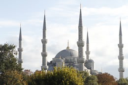 The Blue Mosque, Sultan Ahmed Mosque rises above the treeline in Istanbul, Turkey