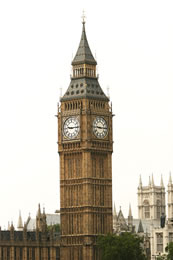 Big Ben in contrast to white sky in London England