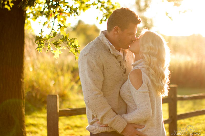 Engaged couple kiss beside a wood fence at Rock Cut State Park