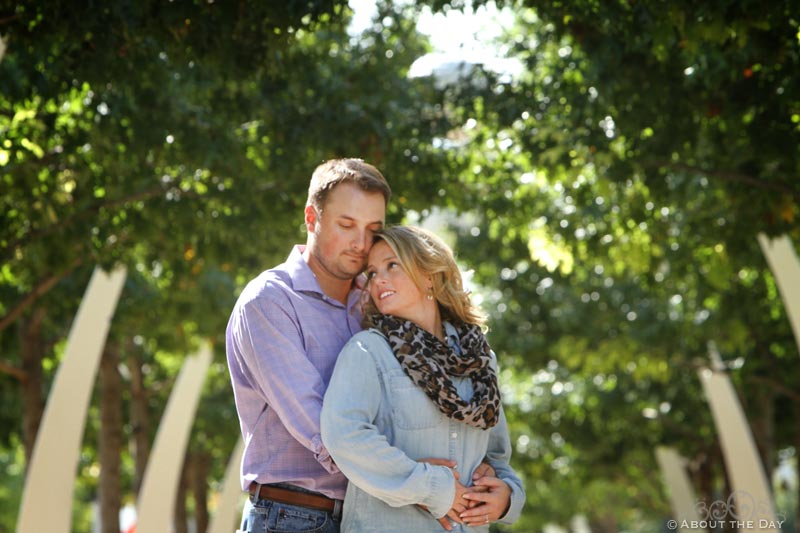 Engaged couple at Klyde Warren Park in Downtown Dallas, Texas