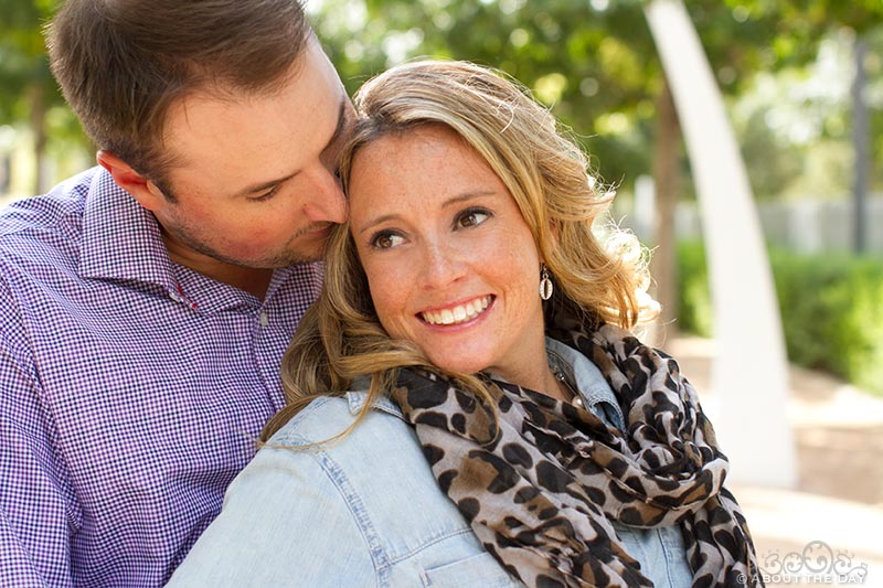 Engaged couple at Klyde Warren Park in Downtown Dallas, Texas