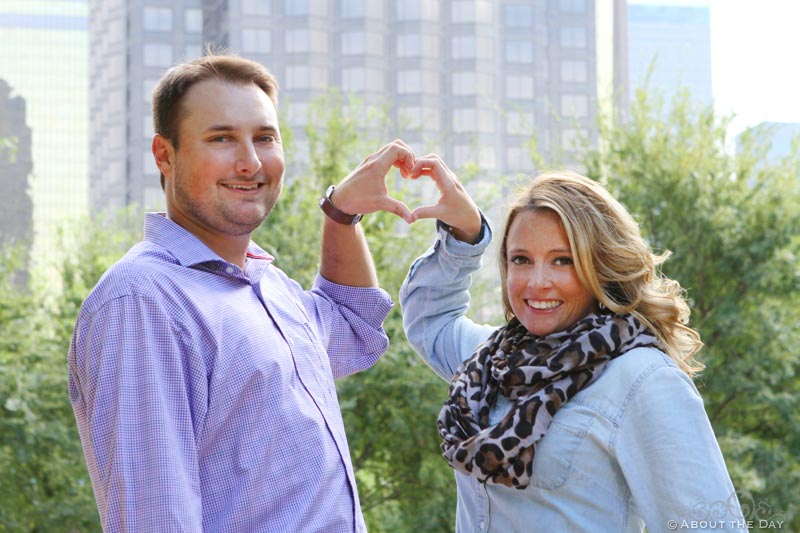 Engaged couple at Klyde Warren Park in Downtown Dallas, Texas