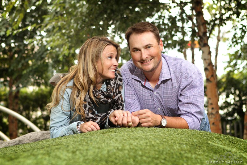 Engaged couple at Klyde Warren Park in Downtown Dallas, Texas