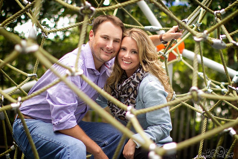 Engaged couple at Klyde Warren Park in Downtown Dallas, Texas