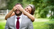 Bride covers Grooms eyes during first look