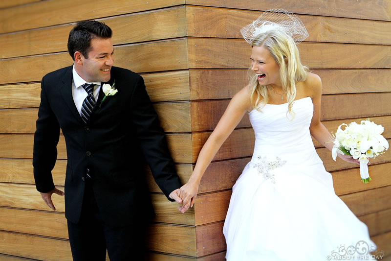 Bride and Groom see each other around corner for first glance