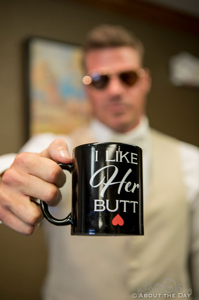 Groom's coffee mug says I love her butt