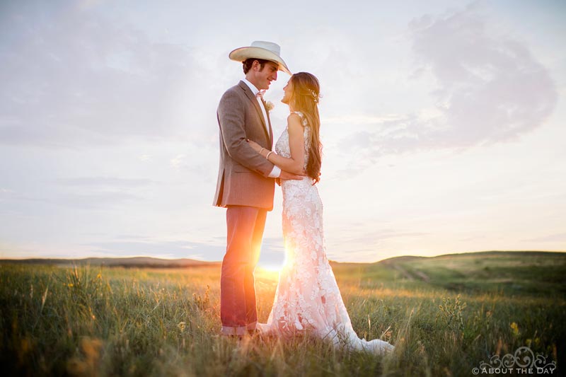 Bride and Groom looking into each others eyes during sunset at Haythorn Land & Cattle Co