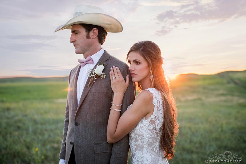 Dramatic bridal portrait during sunset at Haythorn Land & Cattle Co