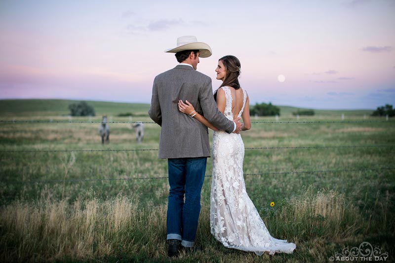 Bride and Groom at moonrise with horses at Haythorn Land & Cattle Co