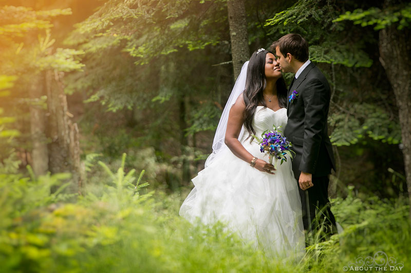 Bride and Groom share romatic kiss in golden light near Manitowish Waters