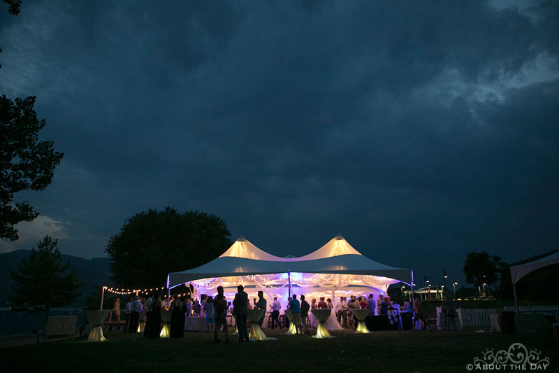 Glowing wedding reception tent at Veranda Beach Resort in Oroville, Washington