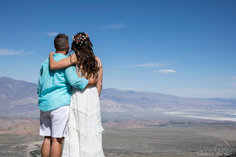 Brides look out over the valley from Mt Whitney