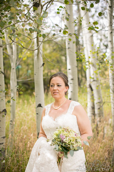 The Bride stands in a grove of golden aspens at Beaver Creek