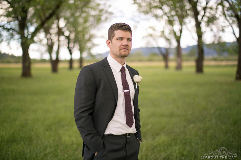 Handsome groom poses in the orchard