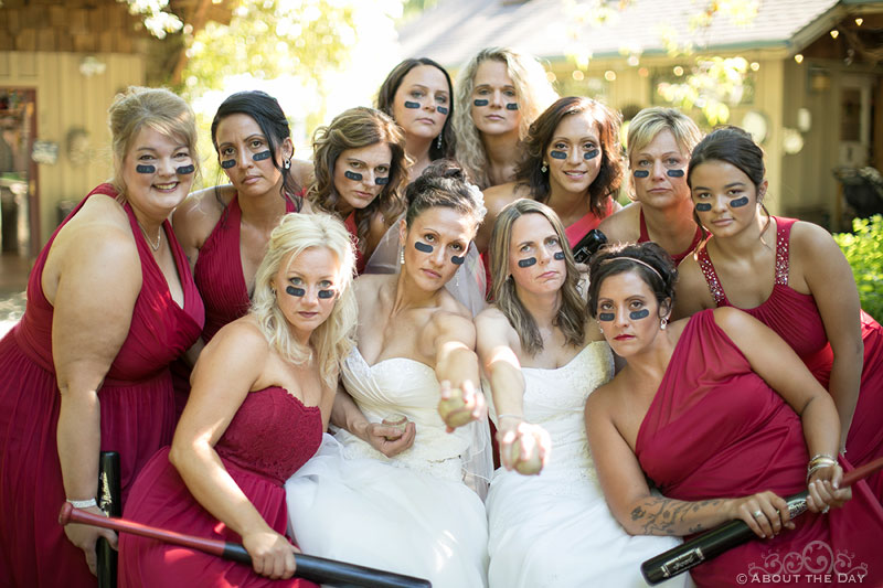 Gay Brides and their Bridesmaids with Baseball them at Albees Garden in Olympia