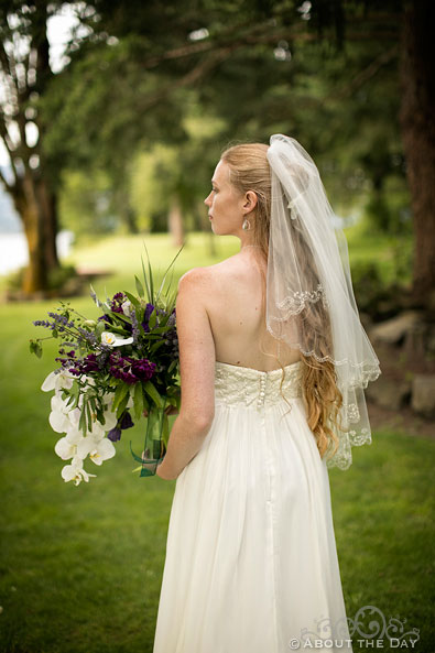 Beautiful Bride's dress on Thunder Island in Columbia River Gorge