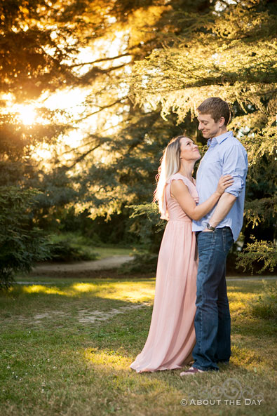 Alex & Andrew cuddle in the golden sunset at Seattle arboretum