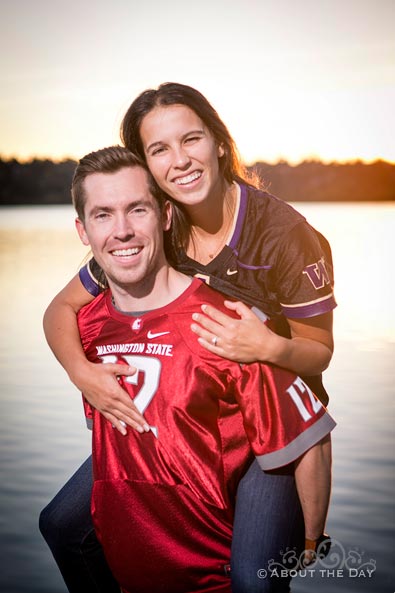 Engaged couple with Courgars and Huskies jerseys