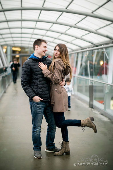 Will & Madelyn pose on the Bellevue Square sky bridge walk