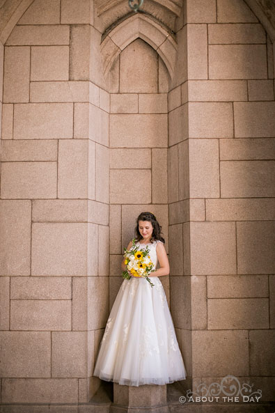 The Bride looks like an angelic statue at the Suzzallo and Allen Libraries