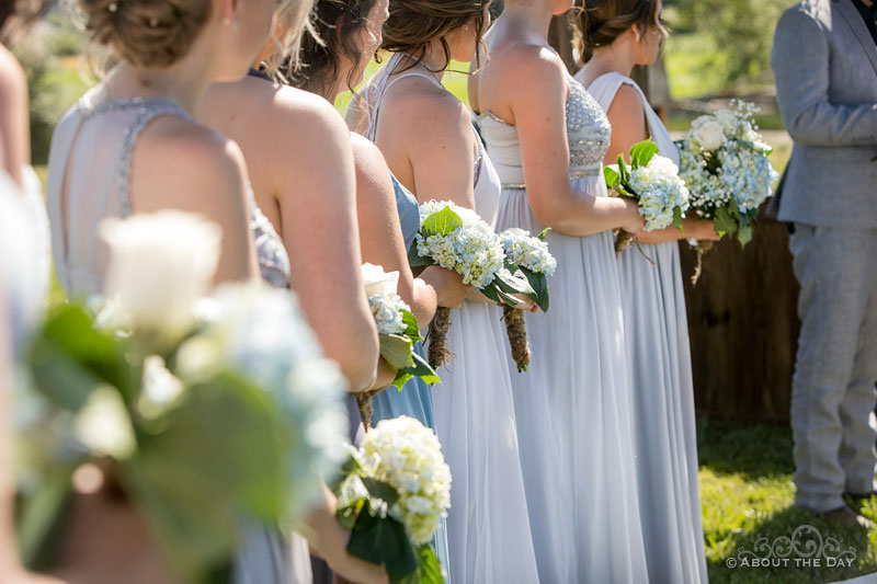 A view of the bridesmaids flowers during the ceremony
