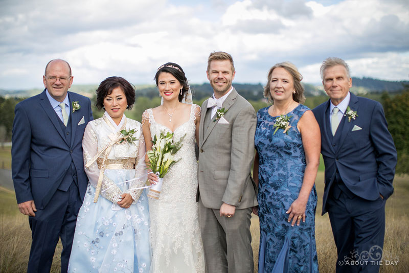 The Bride and Groom and their parents at The Orchard at Sunshine Hill