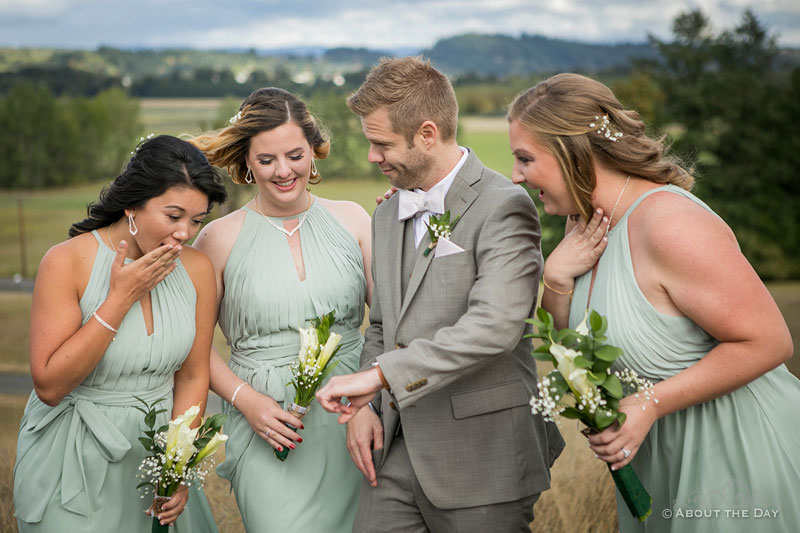 Eric shows his ring to the Bridesmaids at The Orchard at Sunshine Hill