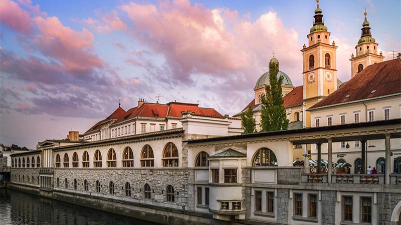 Ljubljana city center at sunset