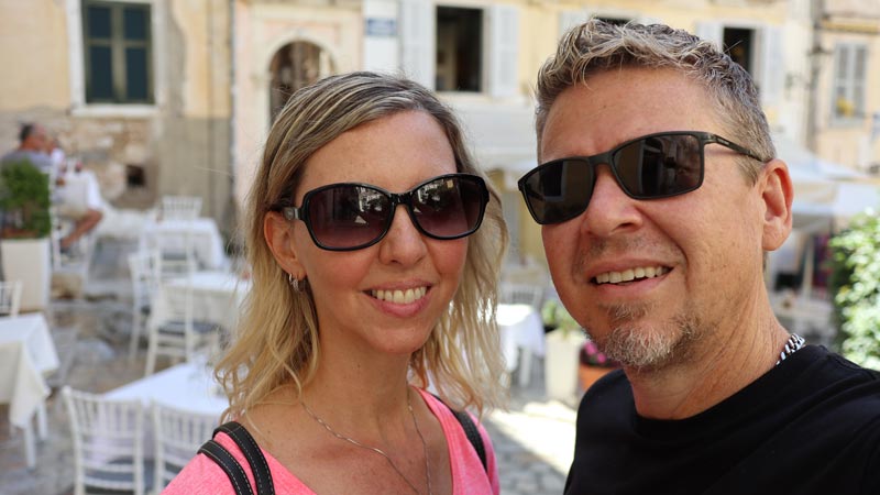 Stephen and Sonia on the streets of Corfu, Greece