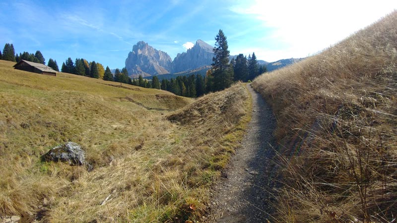 A view of the Plattkofel and Langkofel peaks in the distance