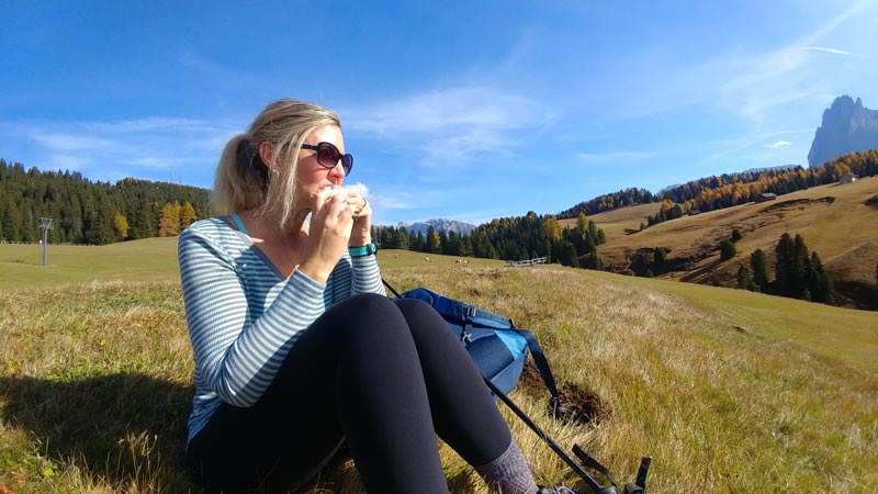 Sonia eating her lunch on our hike to Plattkofel and Langkofel