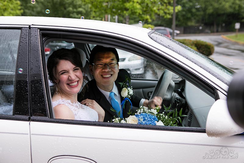 Elroy and Naomi leave the wedding in their car